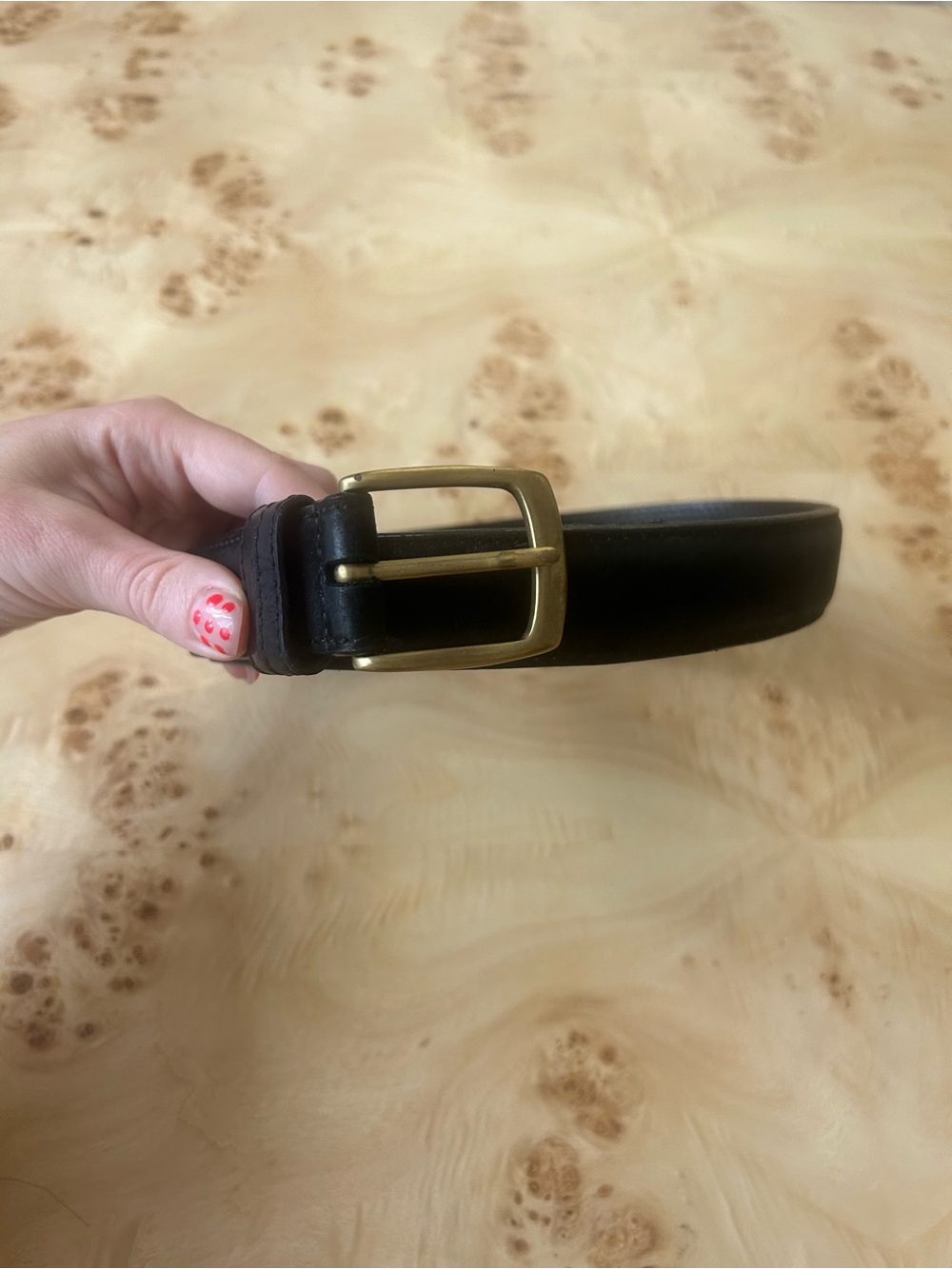Coach Men’s 42 Black Leather Belt with Brass Hardware: Lots of patina, pls read